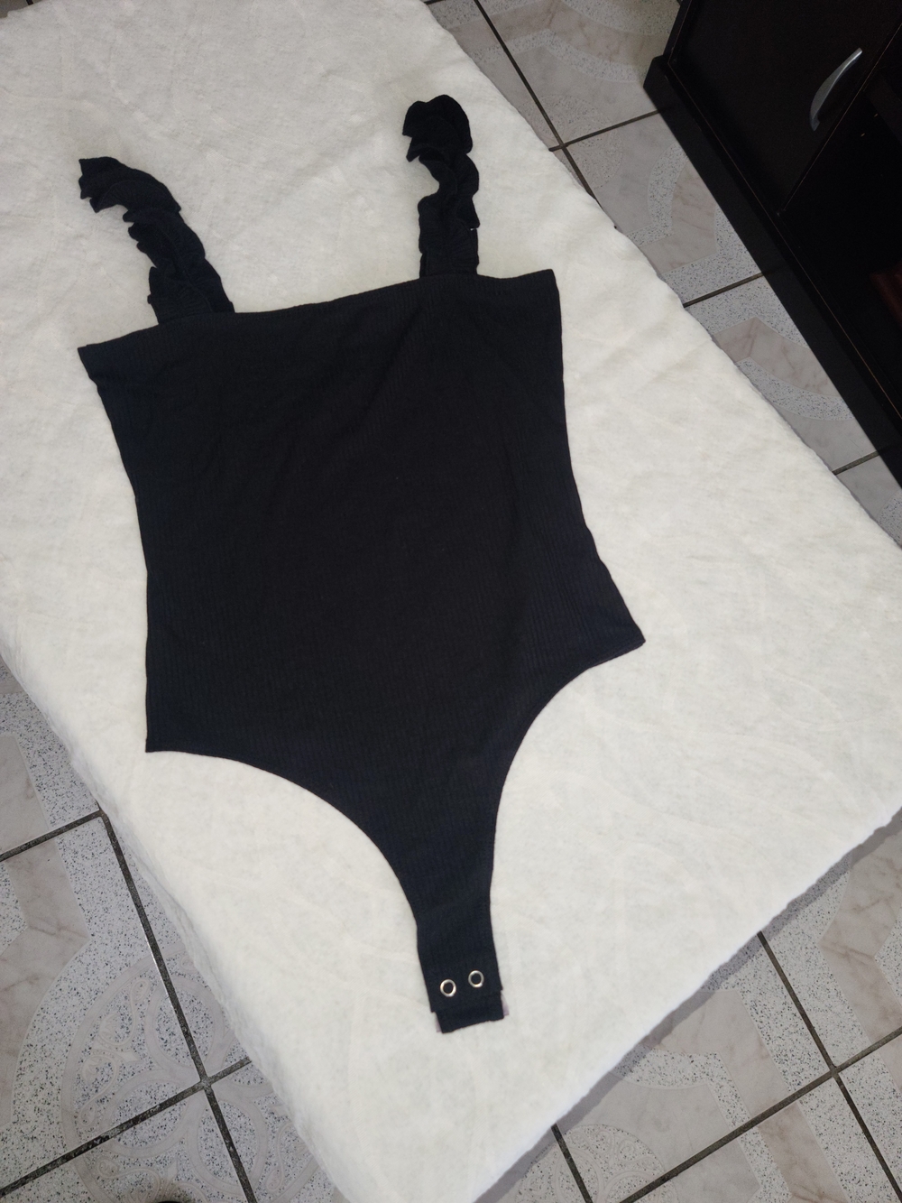 Double Zero Black Ruffle Strap Bodysuit